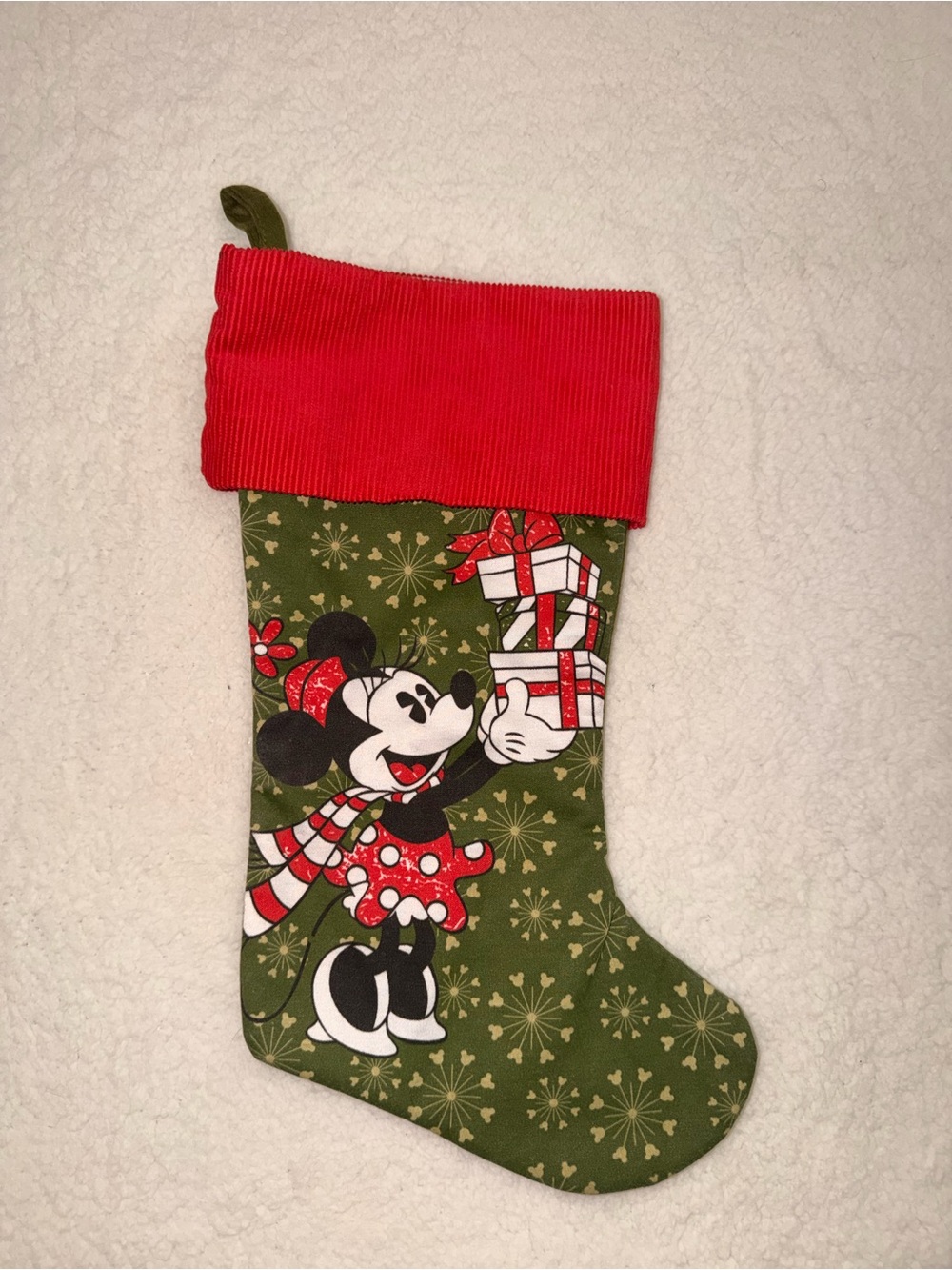Disney Minnie Mouse Christmas Holiday Stocking Green/Red Cuff